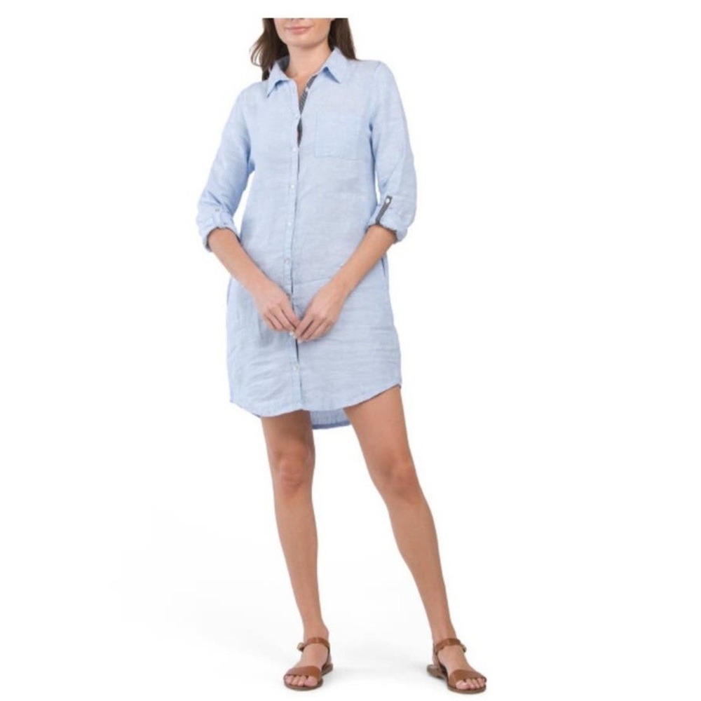 C&C California Womens Linen Shirt Dress Size Medium Blue Roll Tab Sleeve Pocket